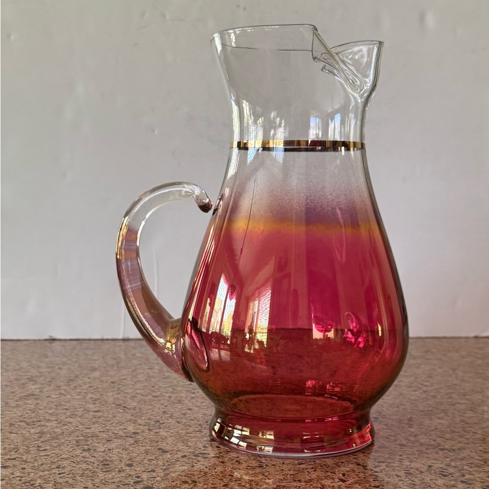 Vintage MCM Glass Pitcher Cranberry Iridescent Gold Rings Flat Pitcher Ice Lip